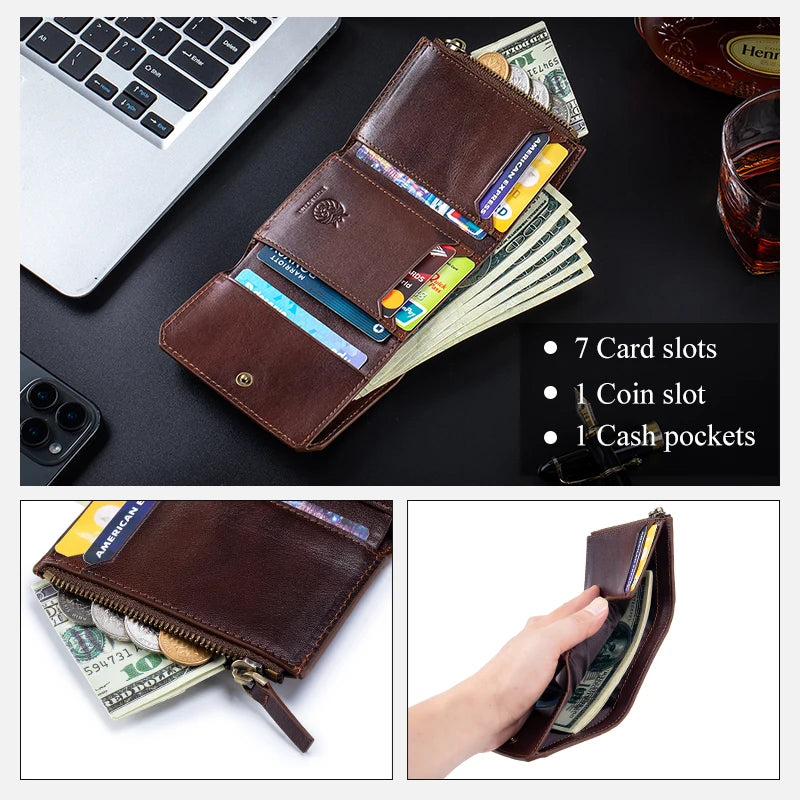Genuine Leather RFID Tri Fold Wallet for Men with Coin Pocket