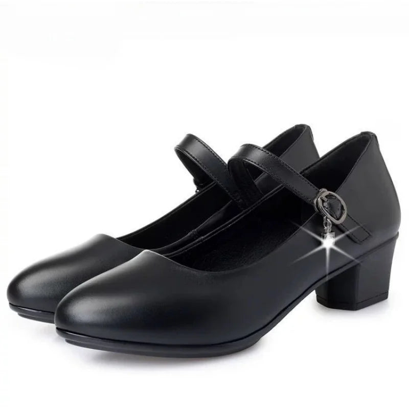 Women Soft Leather Medium Heel Pumps