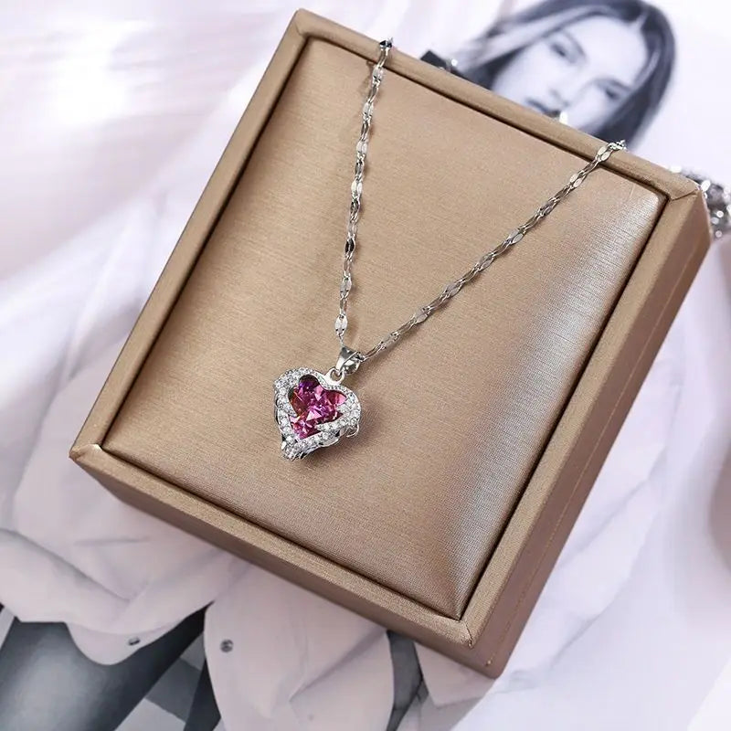 Women Crystal Ocean Heart Pendant Stainless Steel Necklace