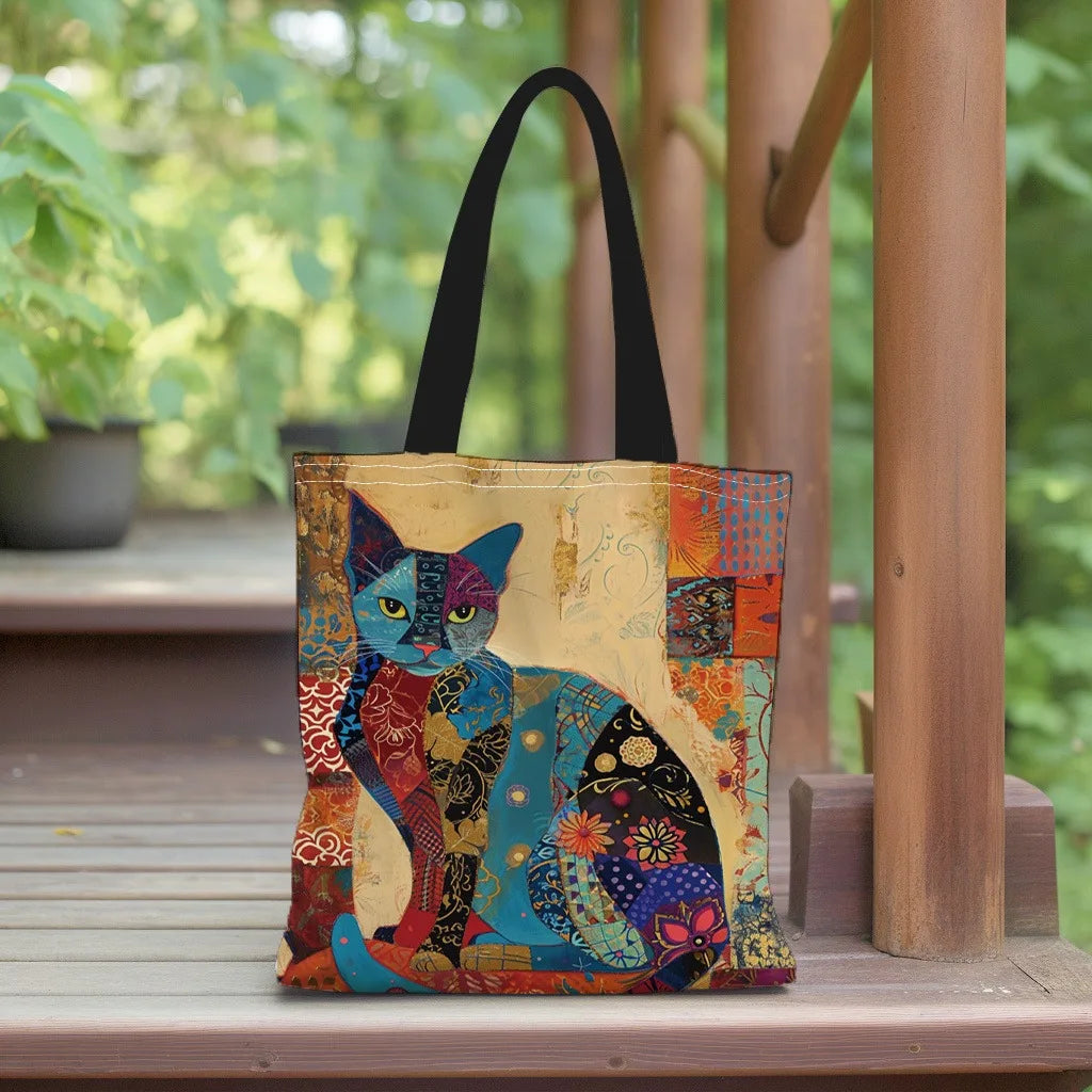 Floral Cat Canvas Tote Shoulder Bag for Women