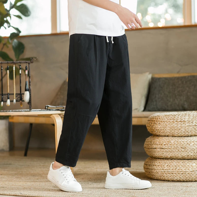 Men Cotton Linen Drawstring Casual Pants Loose Fit Trousers