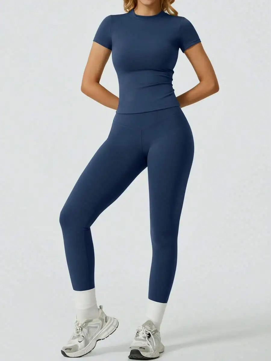 Women 2 Piece Yoga Set Short Sleeve Top and High Waist Leggings Fitness Outfit