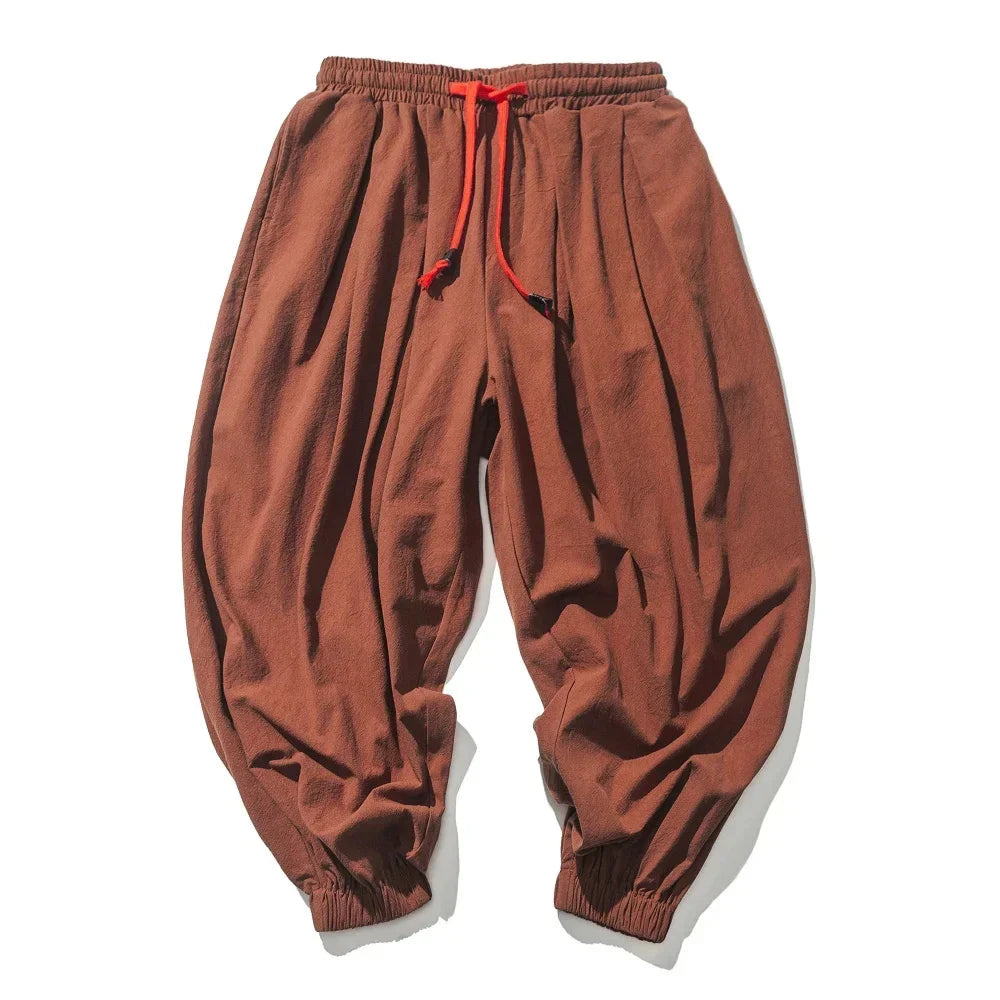 Men Cotton Linen Wide Leg Pants Loose Fit Casual Trousers