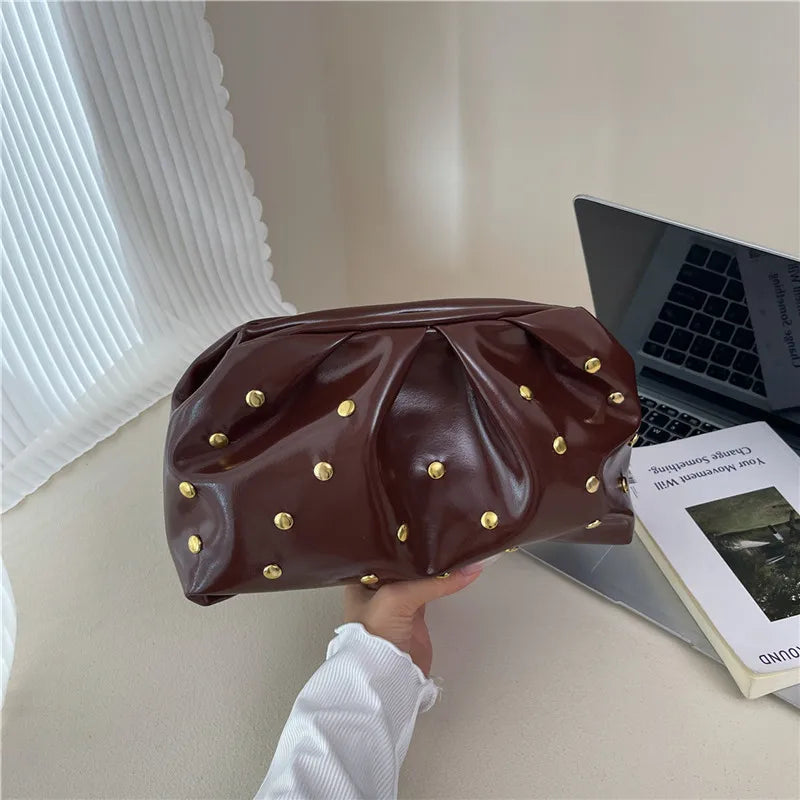 Rivet Pleated PU Leather Evening Bag for Women