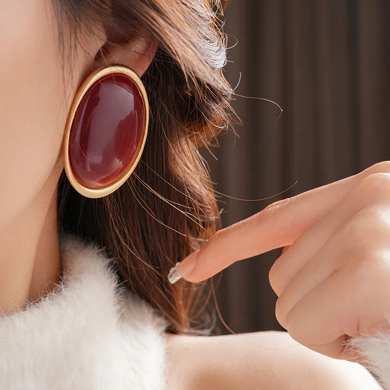 Women Vintage Red Resin Geometric Oval Stud Earrings