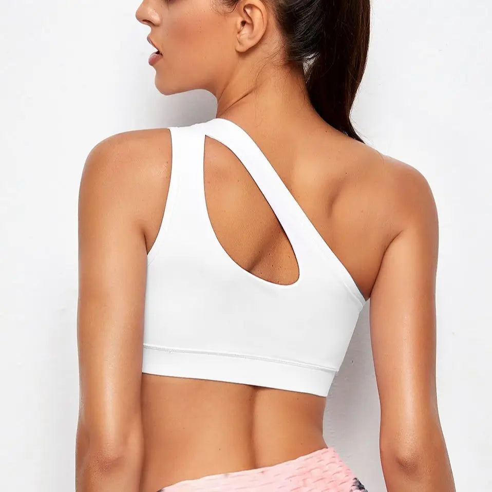 Women One Shoulder Push Up Sports Bra Shockproof Fitness Top