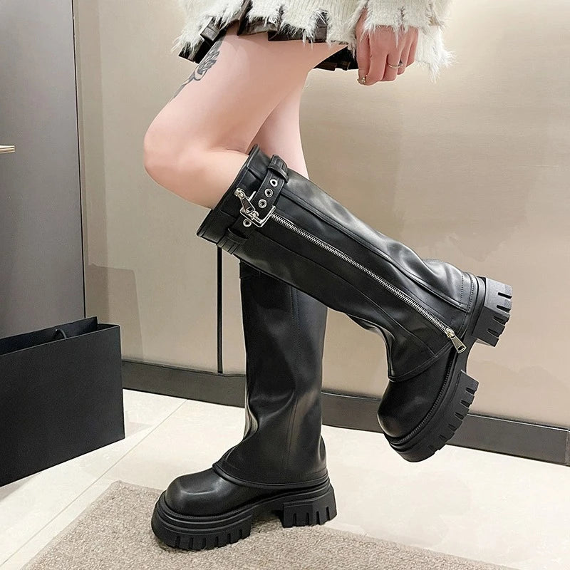 Women Platform Knee High Biker Boots