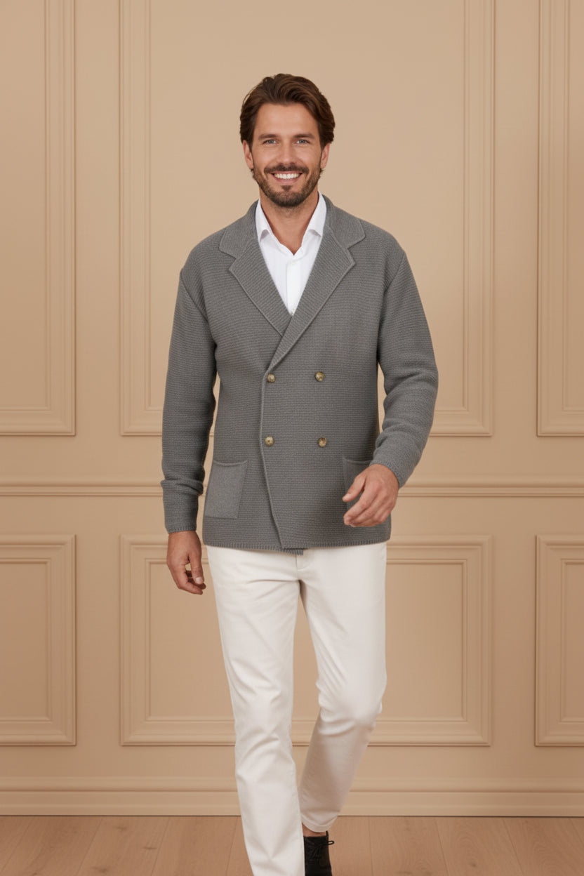 Men Peaked Lapel Knit Cardigan Coat