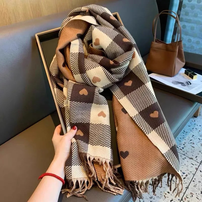 Women Plaid Heart Shaped Thick Winter Shawl Scarf