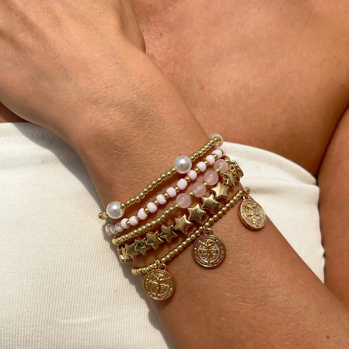 Women Retro Round Pendant Bead Layered Elastic Bracelet Fashion Jewelry