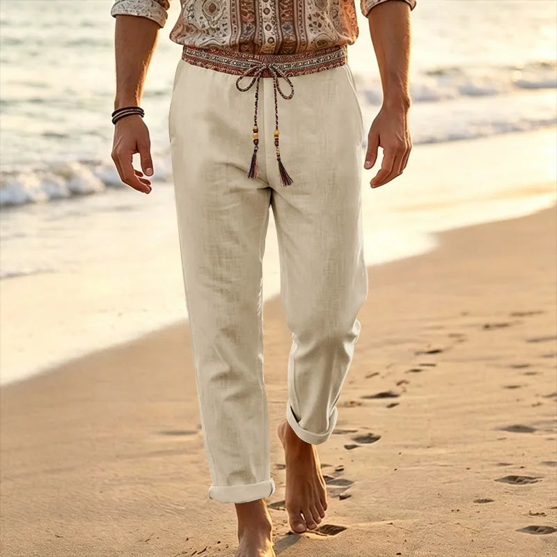 Men Linen Straight Leg Beach Pants