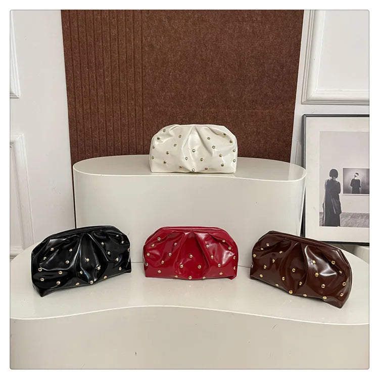 Rivet Pleated PU Leather Evening Bag for Women