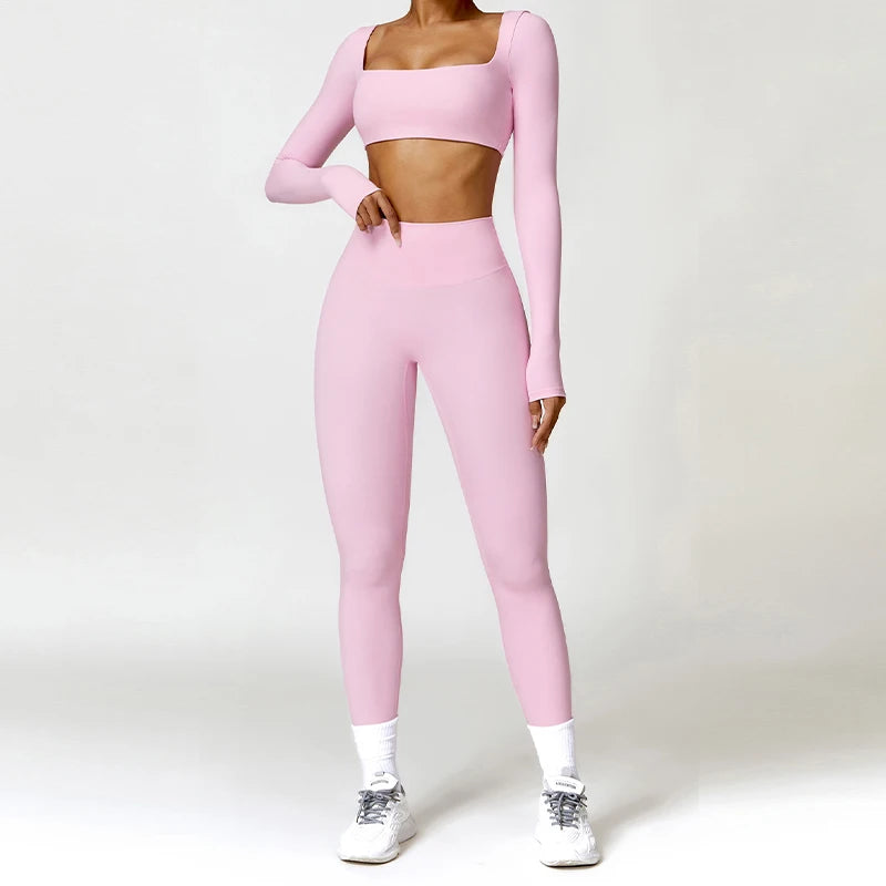 Women 2 Piece Yoga Set Long Sleeve Sports Top and Leggings
