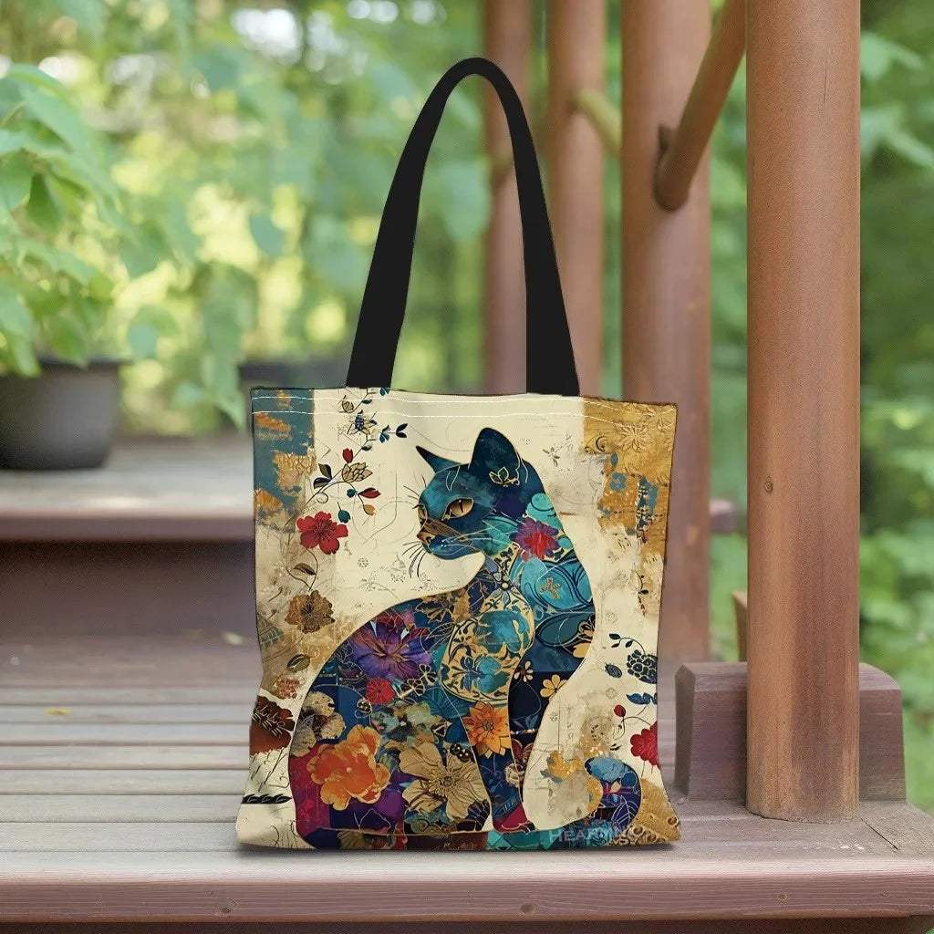 Floral Cat Canvas Tote Shoulder Bag for Women