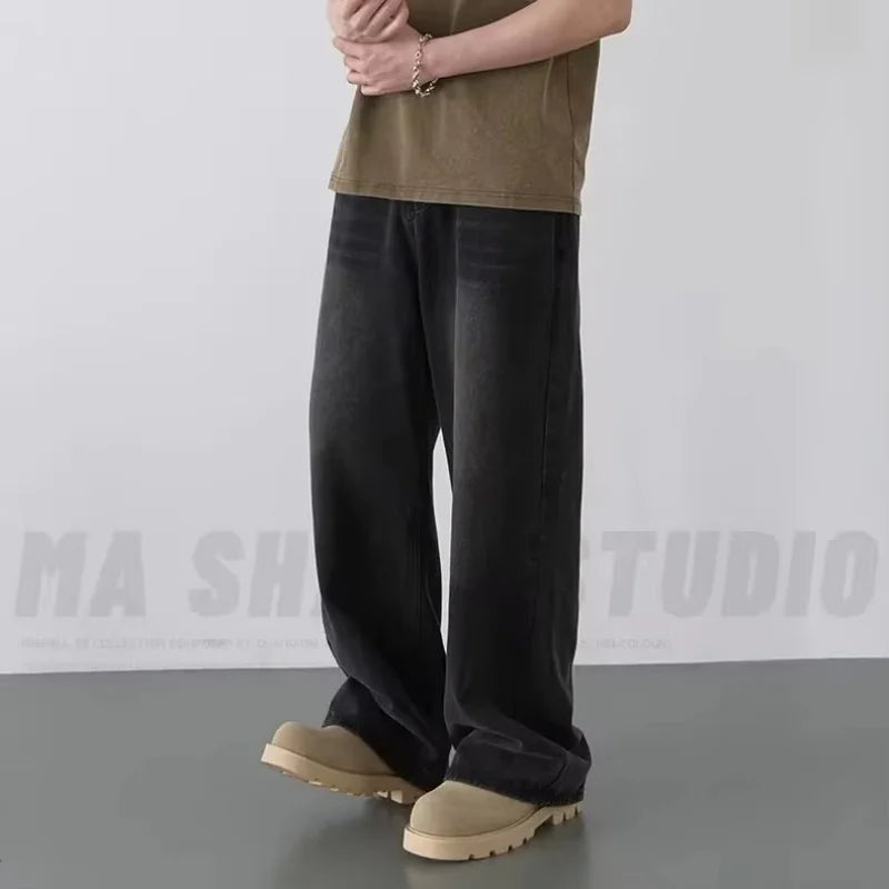Men Washed Contrast Wide Leg Denim Jeans