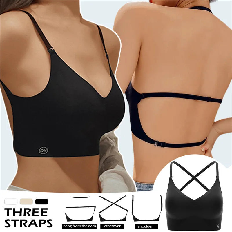 Backless Deep U Plunge Push Up Strapless Bra for Women with Clear Straps
