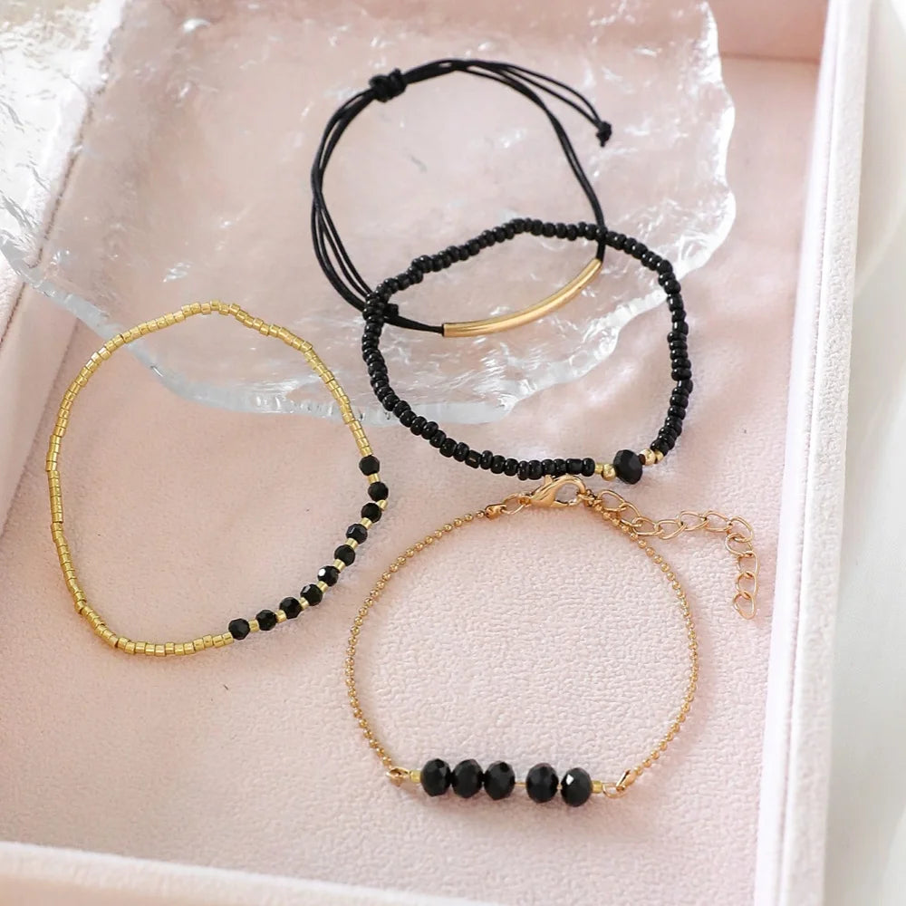 Women Black Glass Stone Boho Handmade Bracelet Set Jewelry