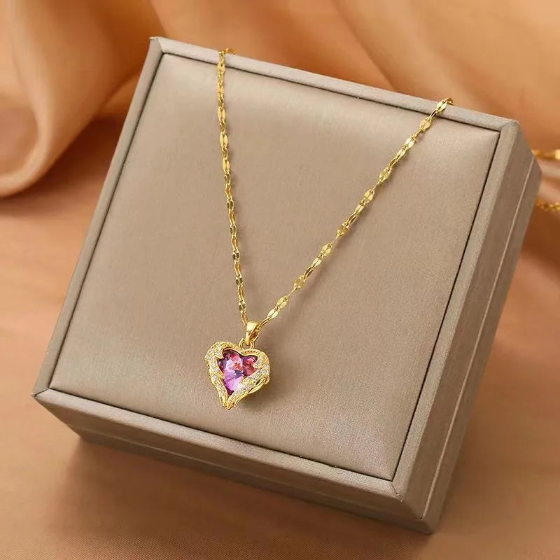 Women Crystal Ocean Heart Pendant Stainless Steel Necklace