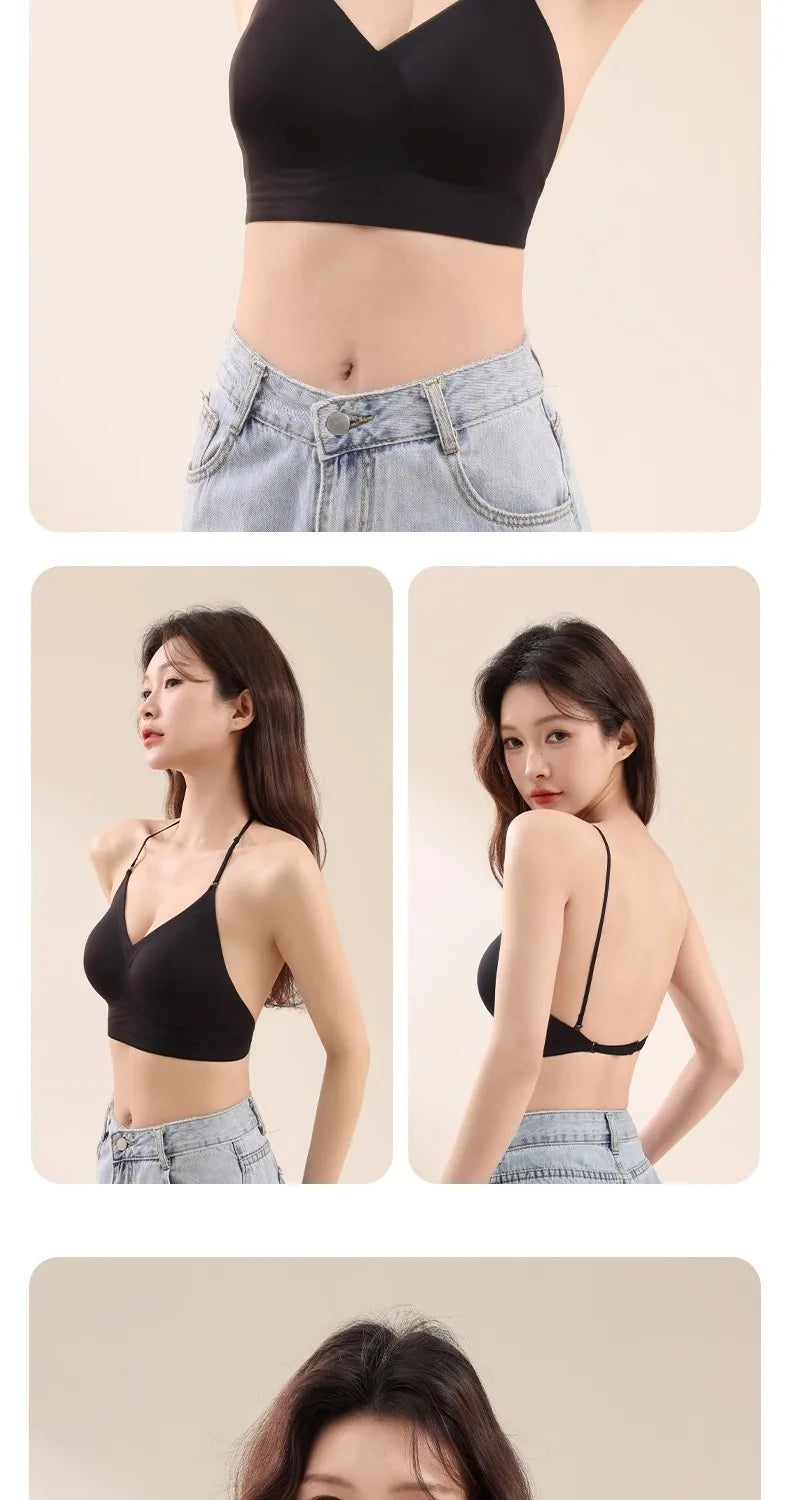 Backless Seamless Push Up Bra for Women with Thin Straps and Neck Hook