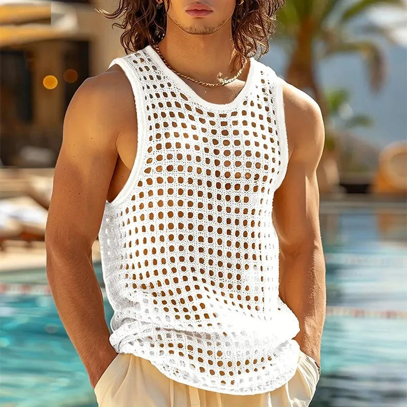 Men Mesh Tank Top Sleeveless Hollow Out Summer Casual Vest