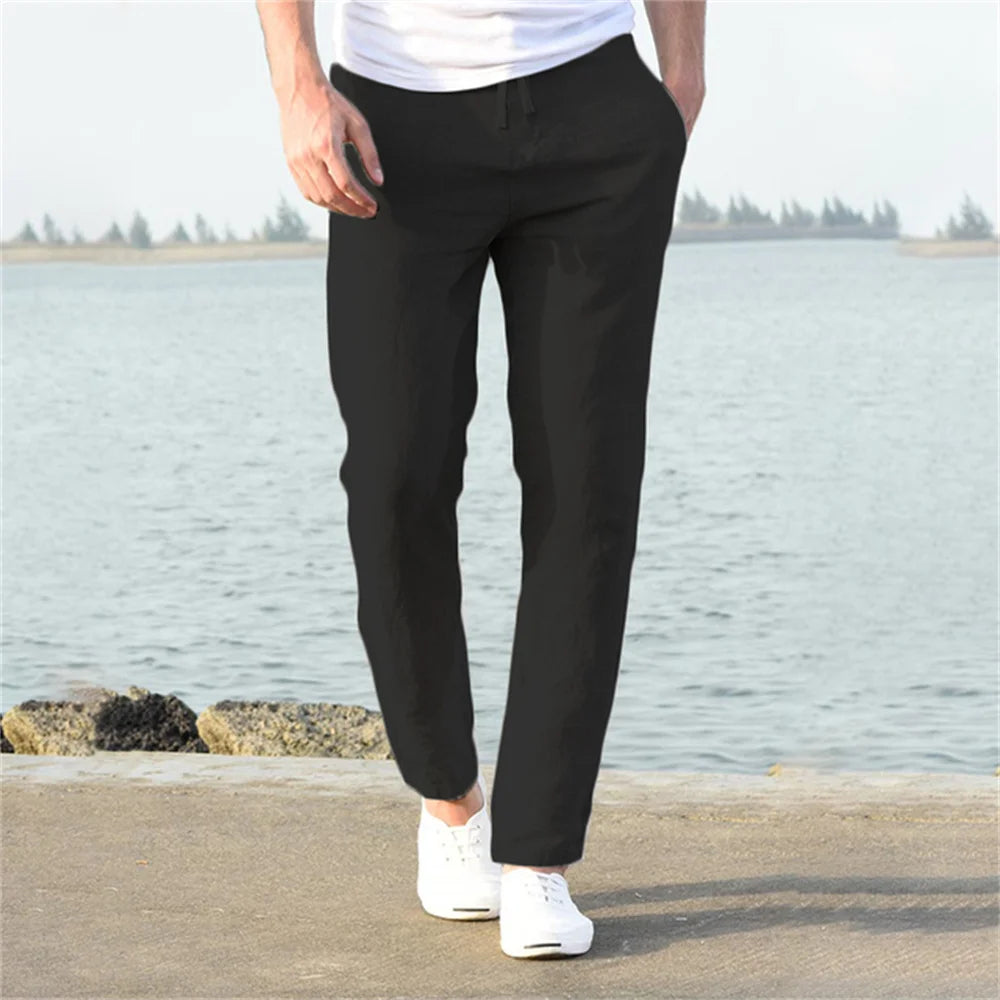 Men Cotton Linen Breathable Straight Trousers Casual