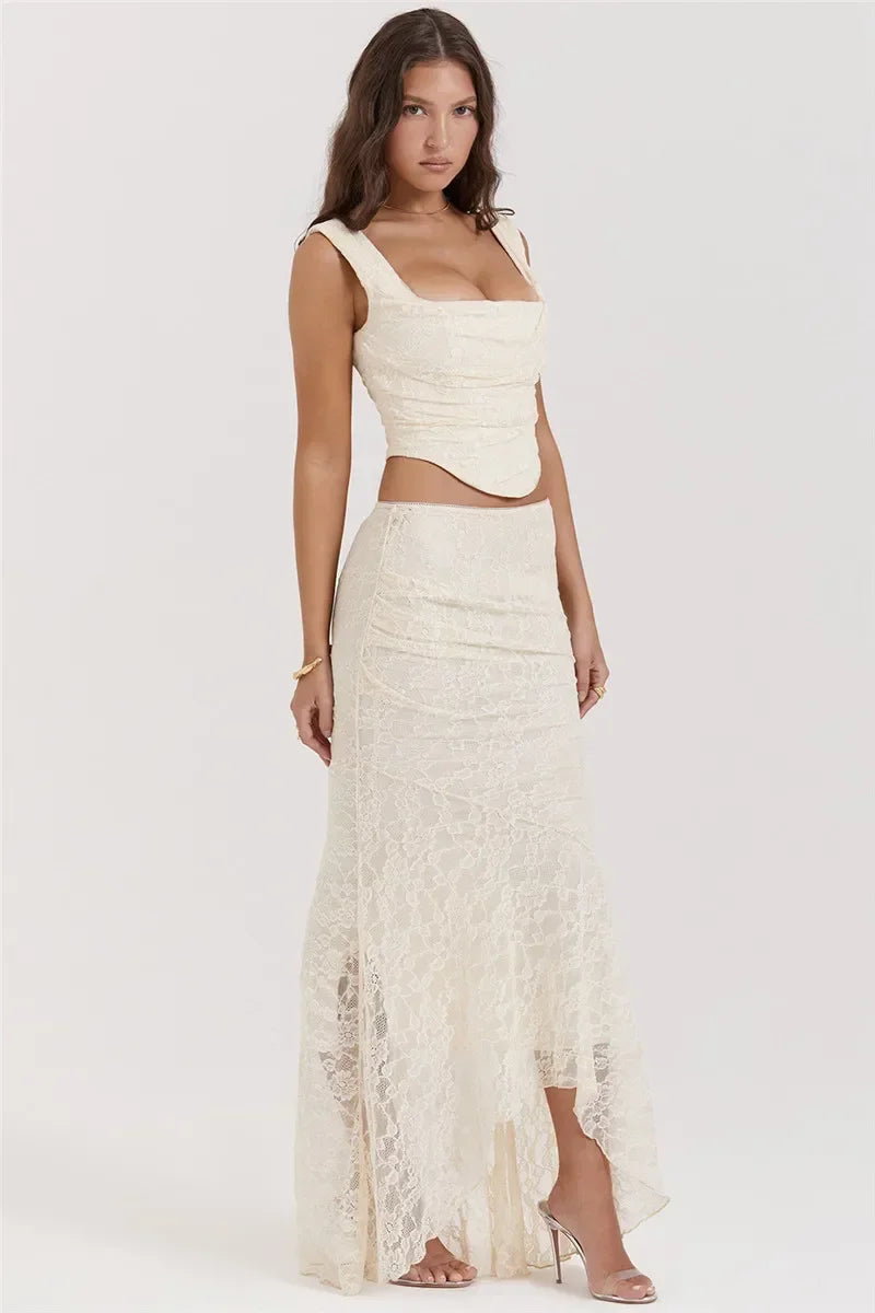 Women Lace Bandage 2 Piece Set Backless High Waist Maxi Skirt Outfit
