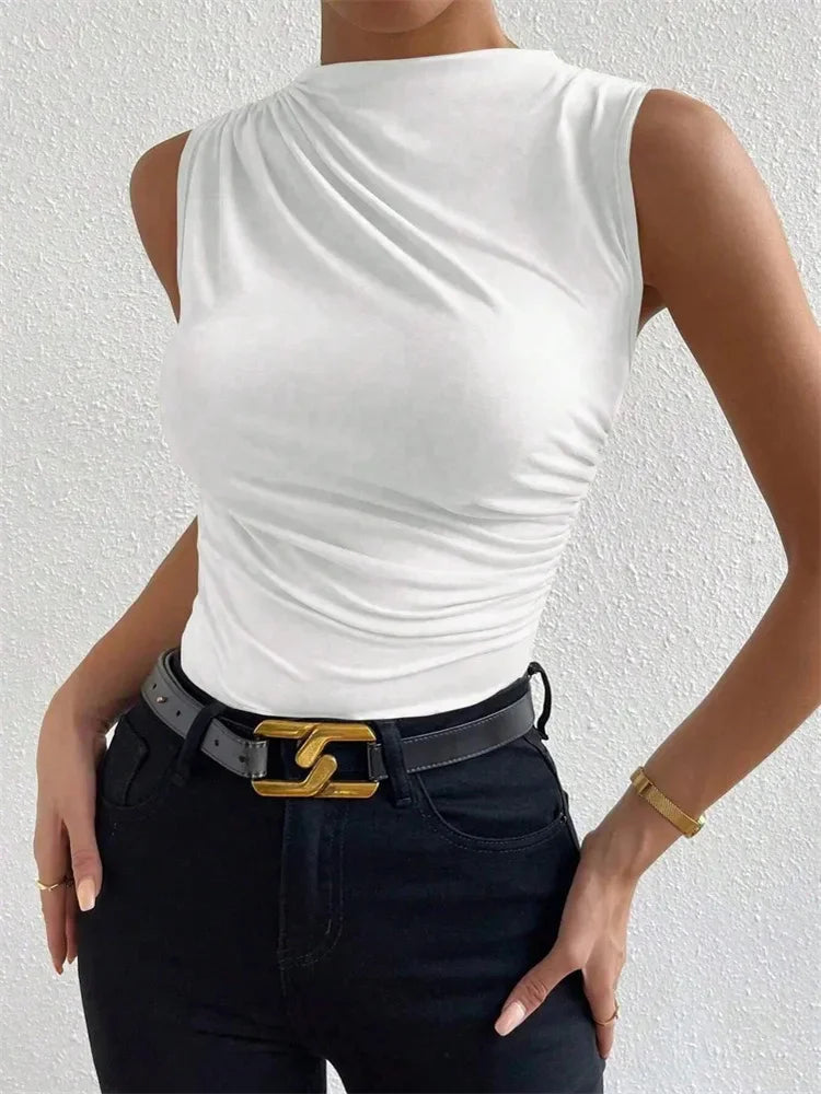 Women Mock Neck Ruched Sleeveless Tank Top