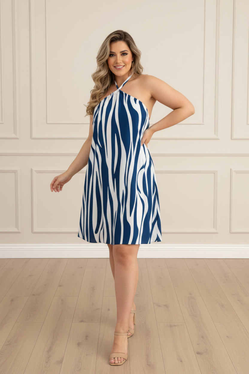 Women Tropical Leaf Print Halter Neck Mini Dress