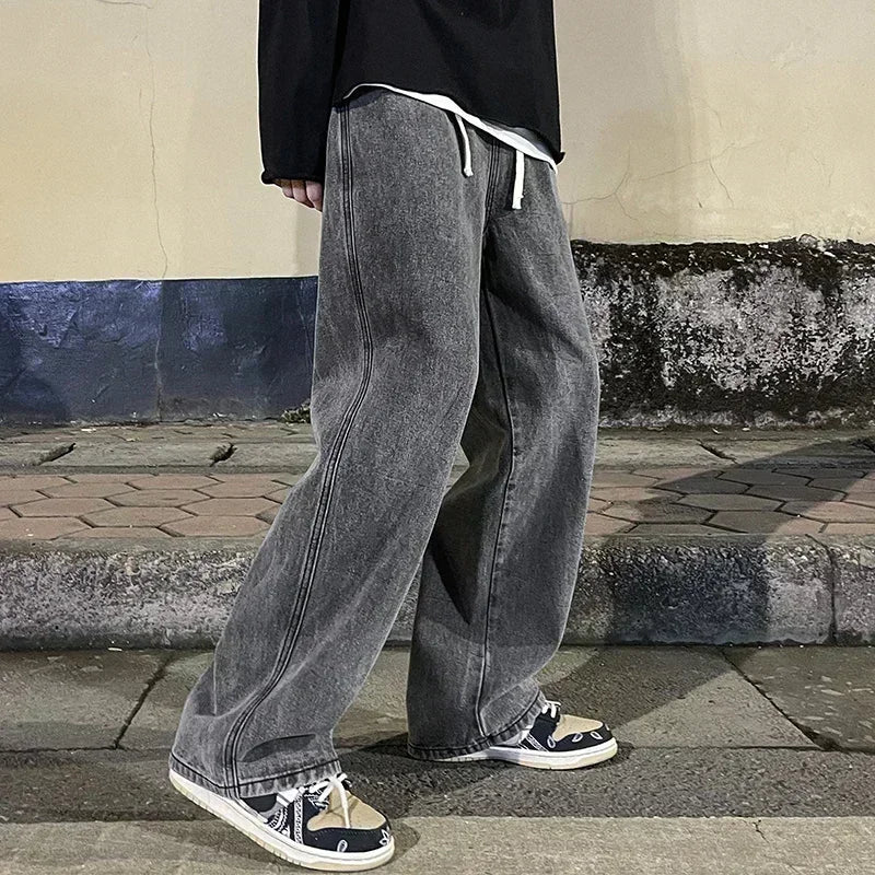 Men Korean Streetwear Wide Leg Jeans