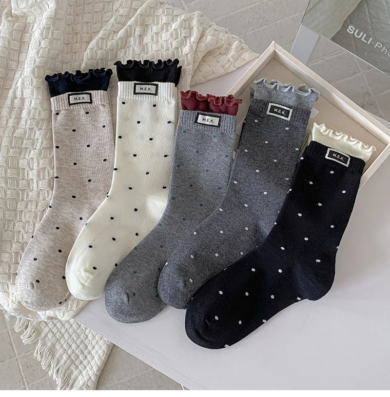Polka Dot Frilly Long Socks for Women