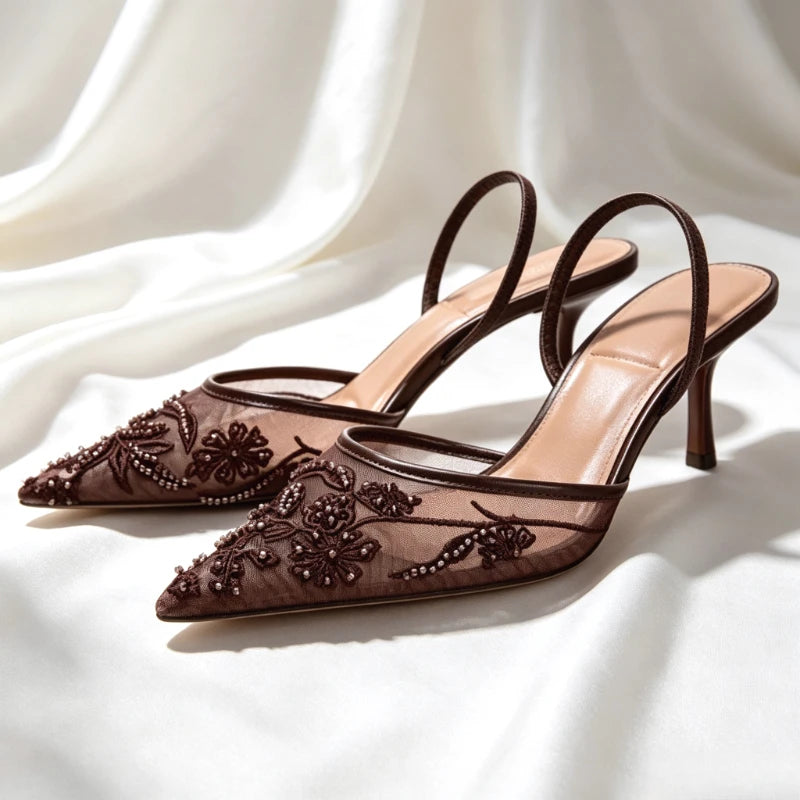 Women Mesh Embroidered High Heel Pumps