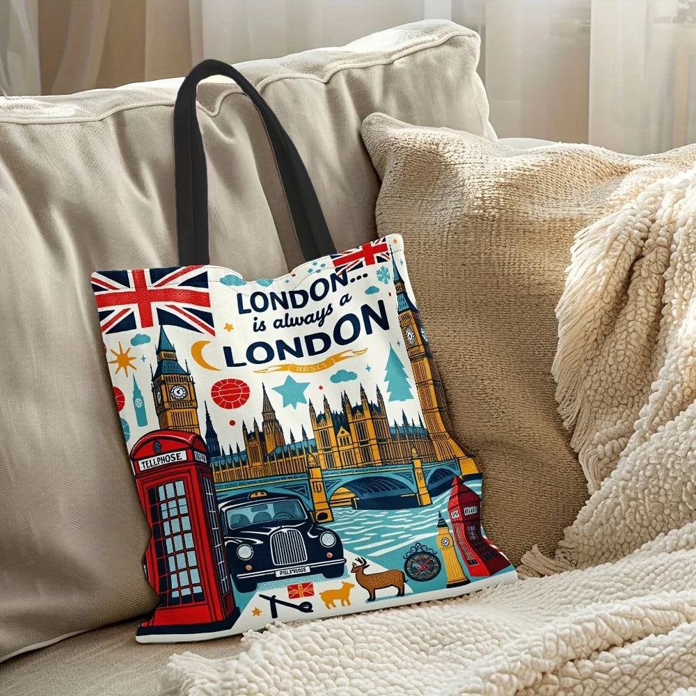 London Theme Reusable Polyester Grocery Tote Bag for Women