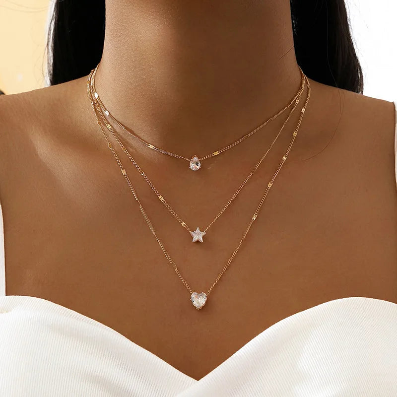 Women Multilayer Zircon Pendant Chain Choker Necklace