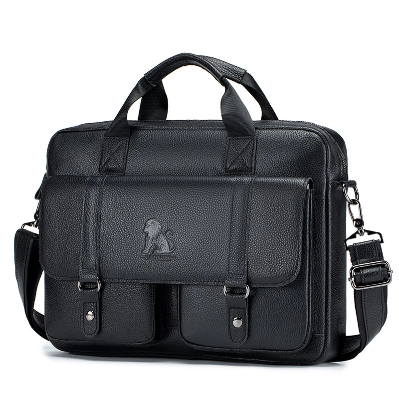 Genuine Leather Double Pocket Briefcase Laptop Crossbody Bag for Men