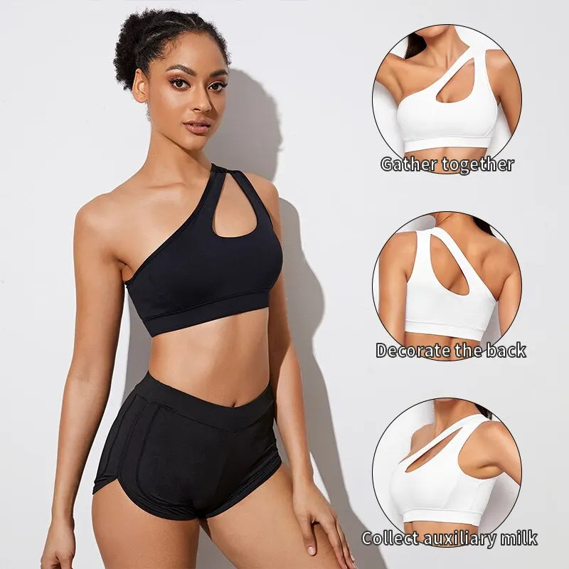 Women One Shoulder Push Up Sports Bra Shockproof Fitness Top