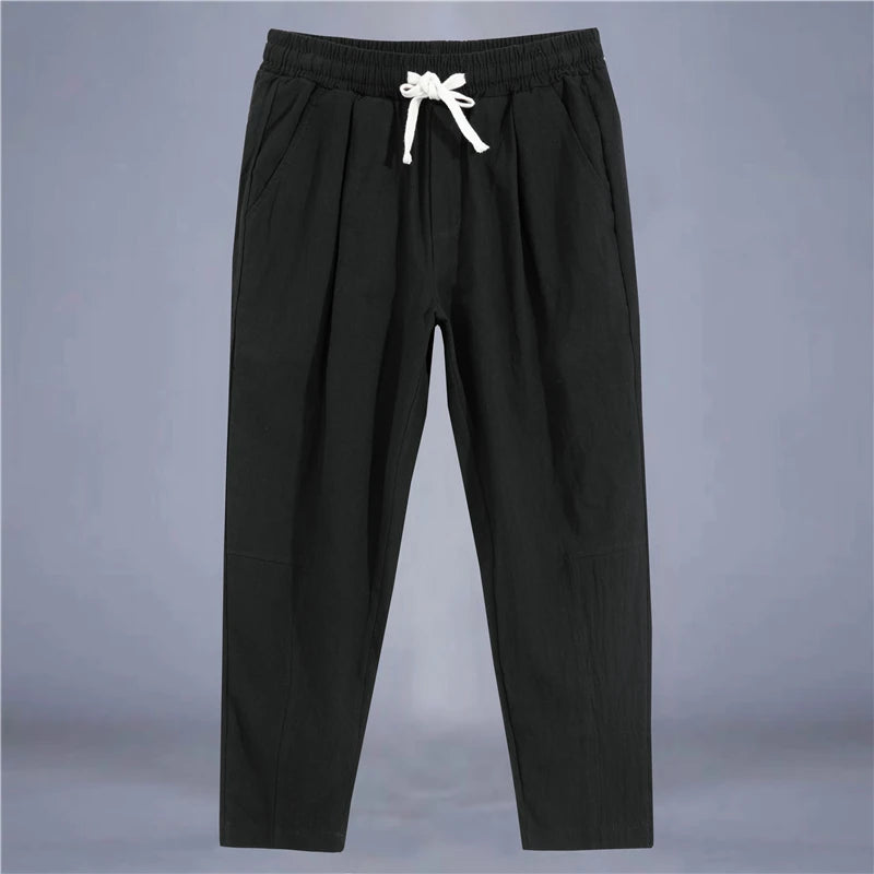 Men Cotton Linen Drawstring Casual Pants Loose Fit Trousers