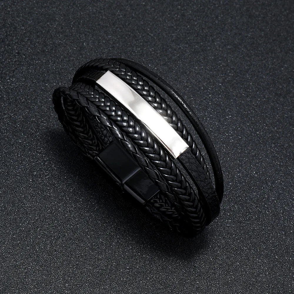 Men Multilayer Leather Rope Stainless Steel Bracelet