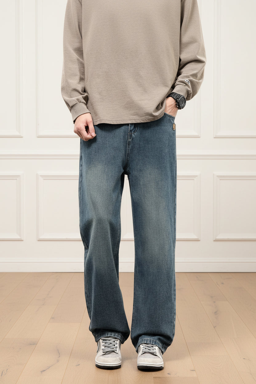 Men Retro Wide Leg Straight Denim Jeans