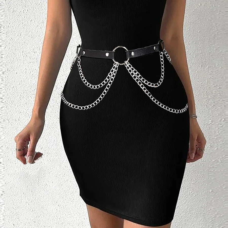 Women Punk Gothic Leather Waist Chain Harness Belt
