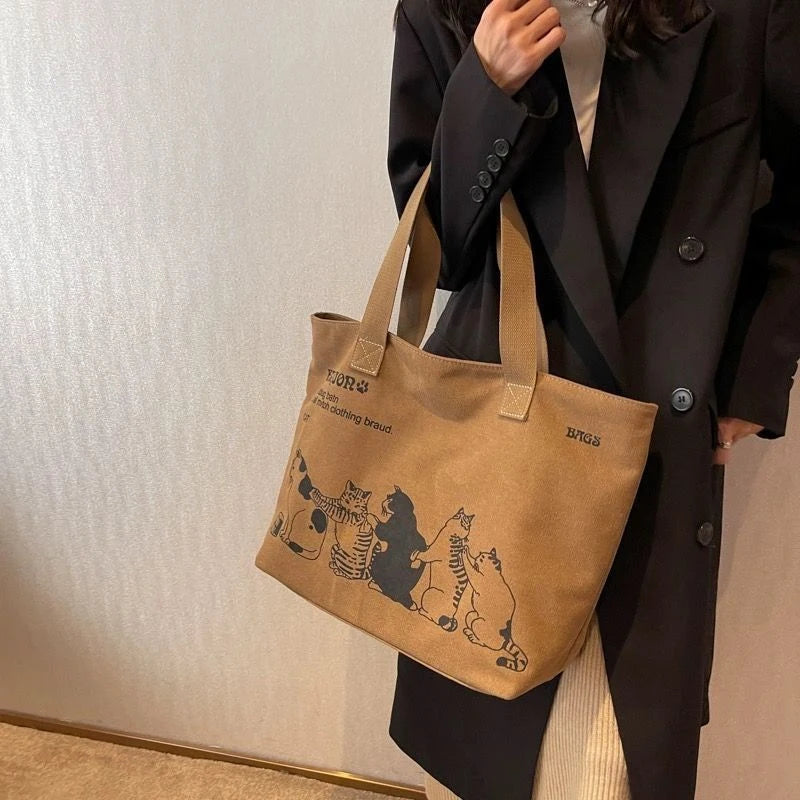 Spacious Canvas Tote Shoulder Bag with Zipper for Women