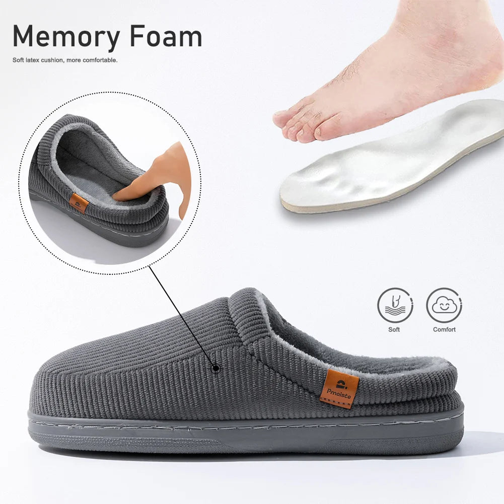 Warm Slippers for Men TPR Sole Memory Foam Soft Cushion Non Slip Stripe Design Comfortable Corduroy House Shoes