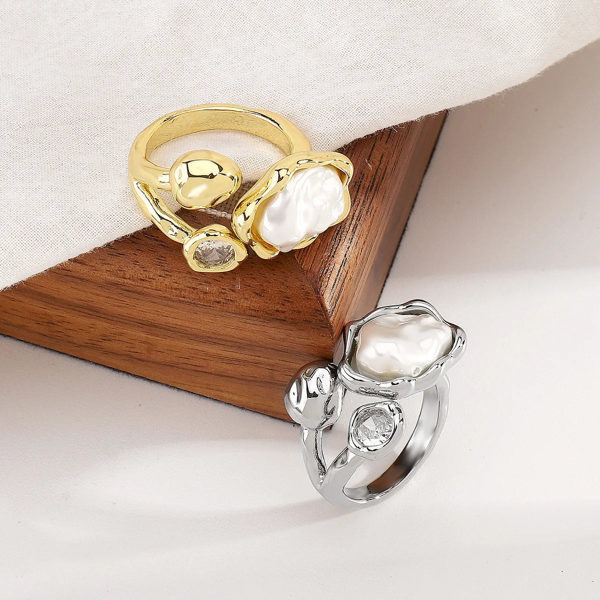 Women Vintage Baroque Pearl Geometric Zircon Ring Jewelry