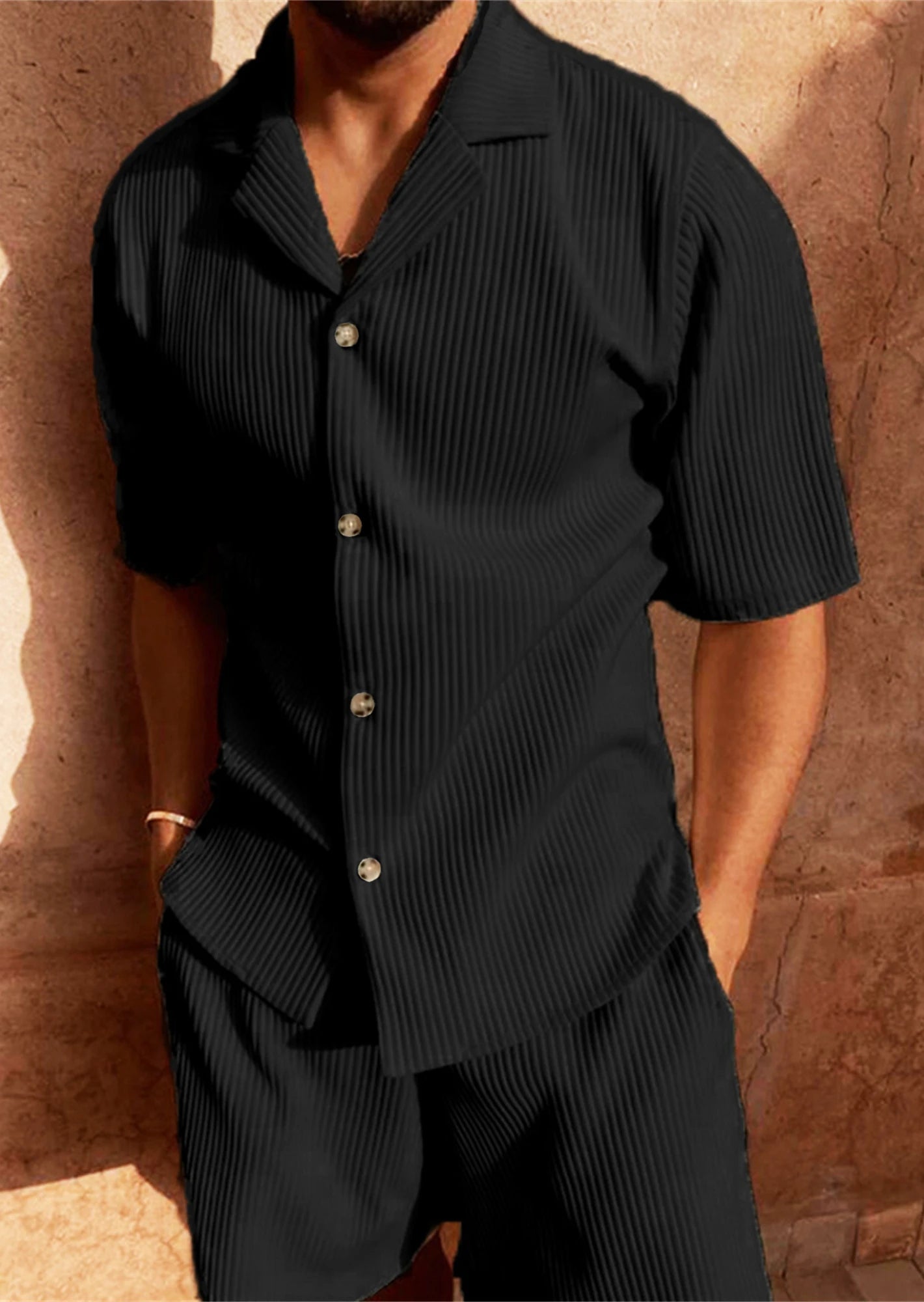 Men Corduroy Shirt and Shorts Casual Beach Set