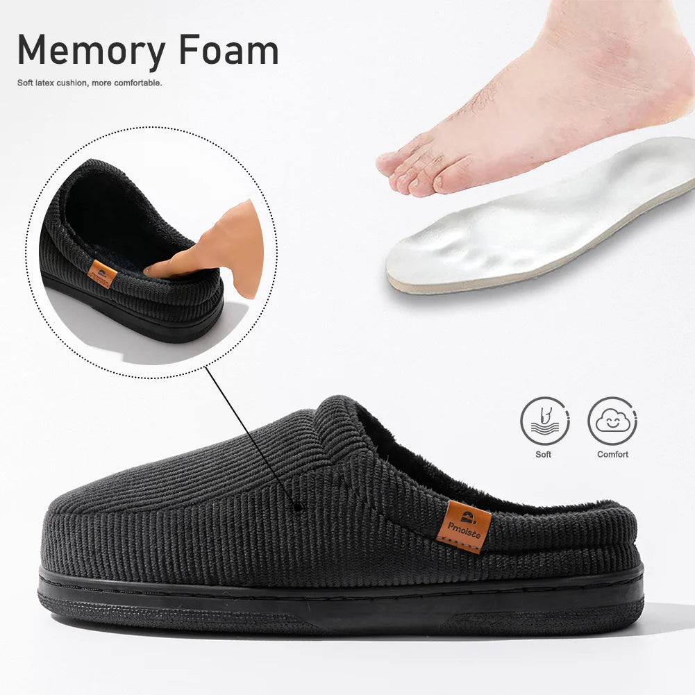 Warm Slippers for Men TPR Sole Memory Foam Soft Cushion Non Slip Stripe Design Comfortable Corduroy House Shoes