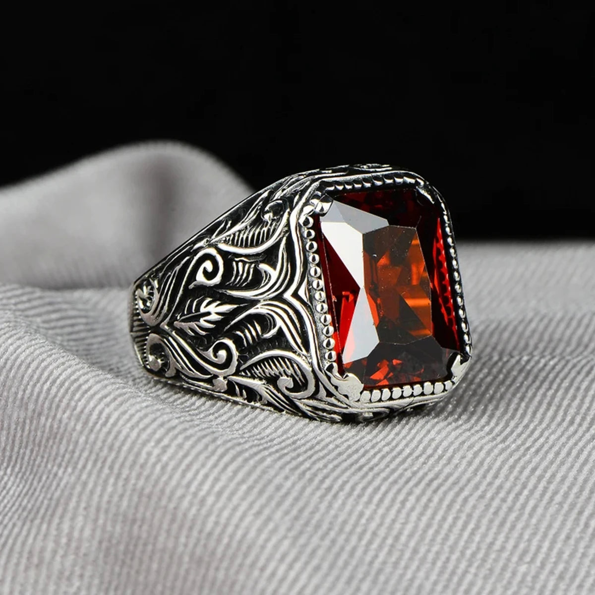 Men Vintage Turkish Signet Zircon Biker Ring