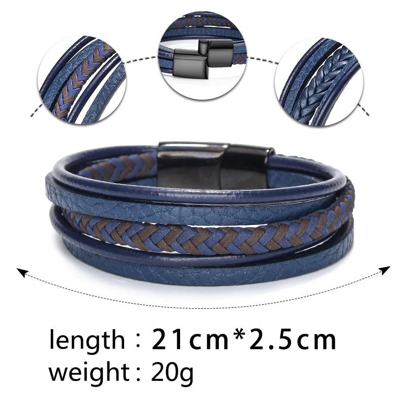 Men Multilayer Leather Rope Stainless Steel Bracelet