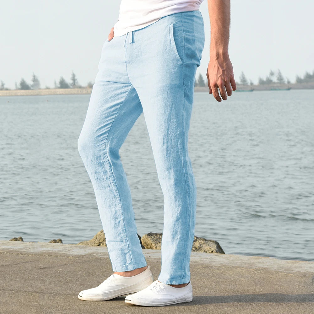 Men Cotton Linen Breathable Straight Trousers Casual