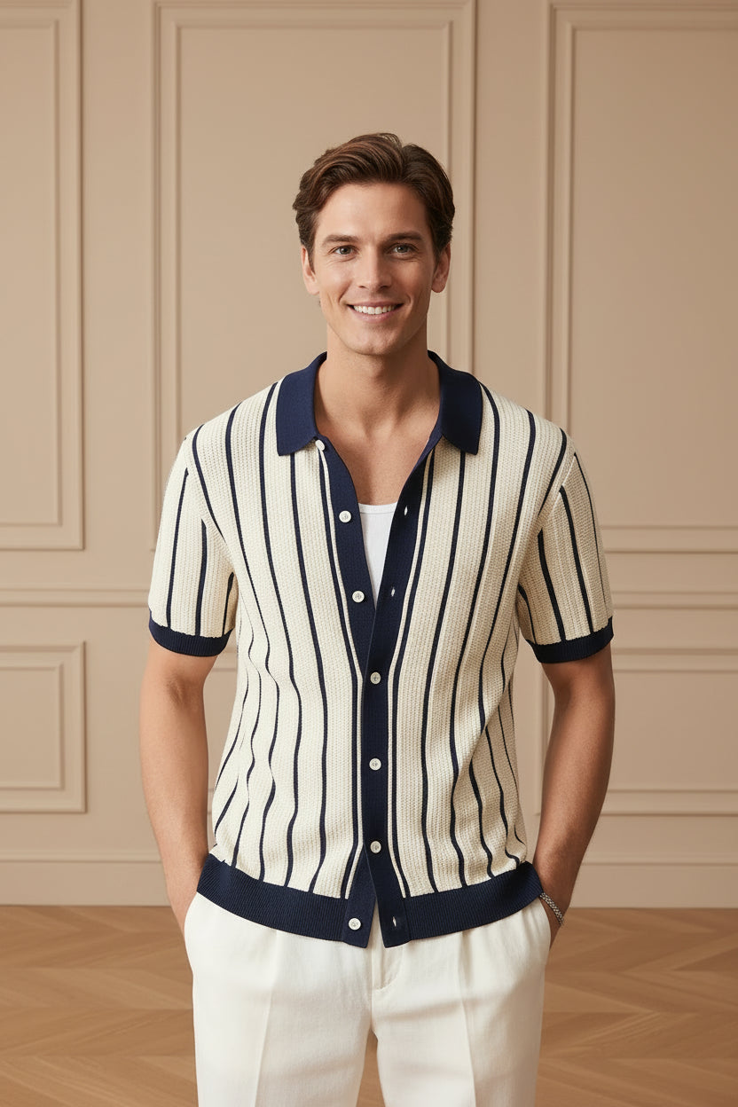 Men Knitted Striped Short Sleeve Shirt
