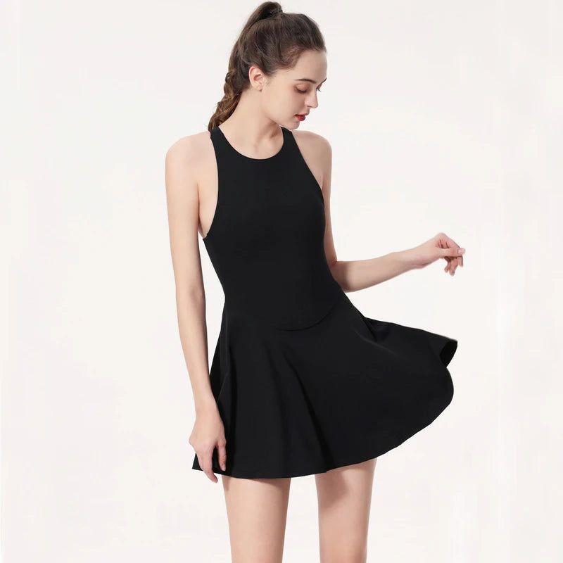 Women Summer Tennis Dress Solid Color Backless Dress