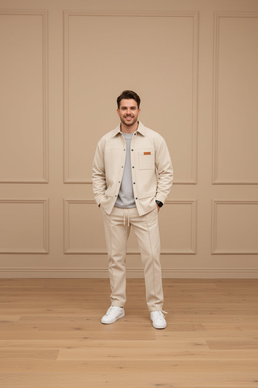 Men Waffle Jacket Pocket Two Piece Set